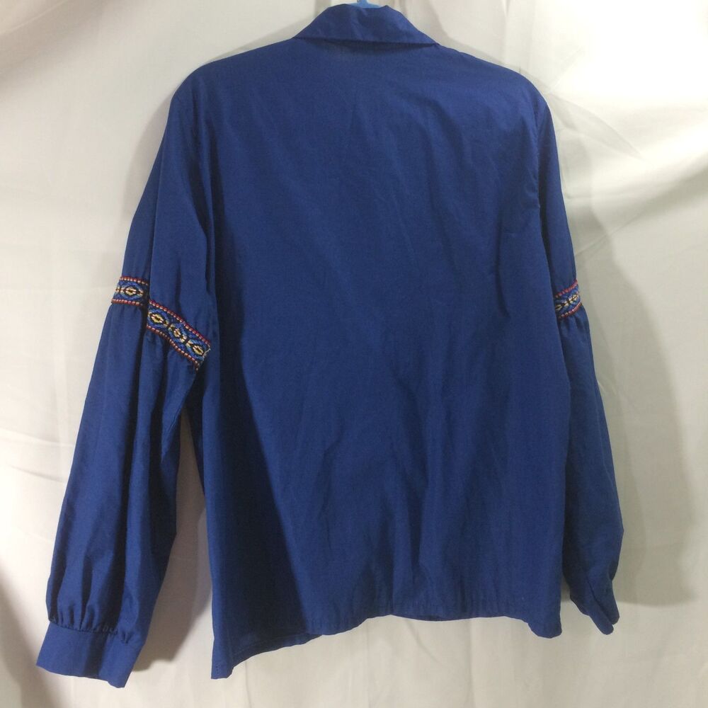 Vintage 1970s Womens L Blue Blouse Woven Trim Bishop Sleeve Union Made USA - Picture 3 of 7